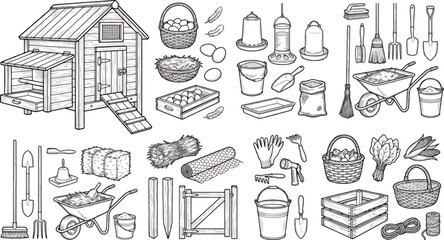 Rustic chicken coop and farming equipment vector set, hand drawn poultry farming icons, garden tools and livestock supplies collection © Muhammad Azam
