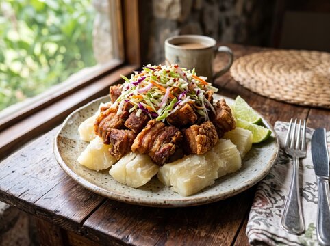 Honduran yuca con chicharron featuring boiled cassava topped with crispy pork belly and cabbage slaw