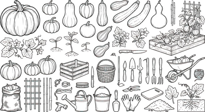 Hand drawn garden pumpkin and vegetable icons, autumn harvest gardening tool vector set, black and white outline farm illustrations