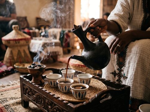 Ethiopian woman pouring coffee from a traditional jebena pot into cups during a cultural ceremony