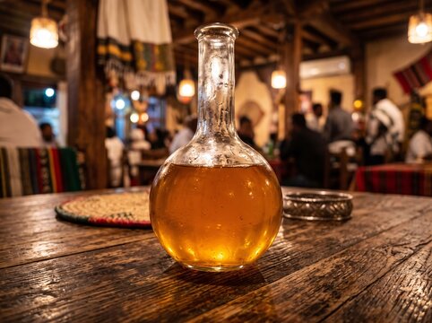 Traditional Ethiopian honey wine served in a glass flask on a rustic wooden table in a restaurant