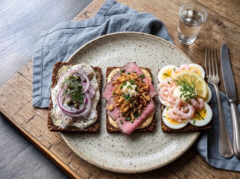 Three Danish smorrebrod open-faced sandwiches with herring, roast beef, and shrimp served on a ceramic plate