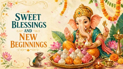 Ganesh Chaturthi celebration with Ganesh idol, sweets, and flowers, Indian festival © dvoevnore
