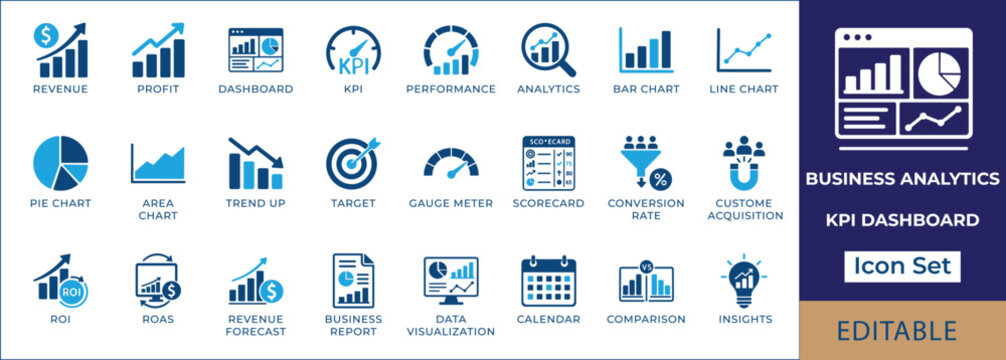 Business analytics KPI dashboard icon set featuring performance metrics, growth chart, roi tracking, financial report, target, speedometer, and funnel vector icons.