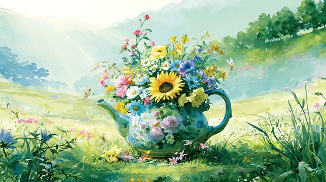 Vibrant watercolor depiction of vintage ceramic teapot overflowing with spring flowers in green valley. tiny fairies hovering nearby