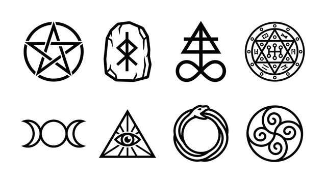 Mystical Symbols Collection: A curated selection of ancient and esoteric symbols, including a pentagram, rune stone, alchemical sign, sigil, triple moon, Eye of Providence, Ouroboros, and Celtic knot.