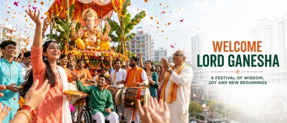 Naklejka premium Ganesh Chaturthi celebration with people and festive decorations, copy space