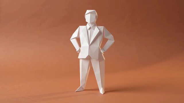 White Paper Transforms into Origami Businessman in Suit on Brown Background