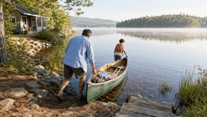 People by lake with canoe and cabin, serene landscape © dvoevnore