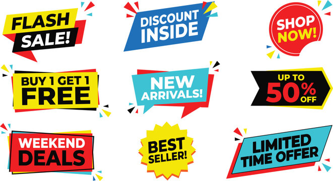 Collection of colorful promotional labels and banners with text vector illustration advertisement bright campaign clearance