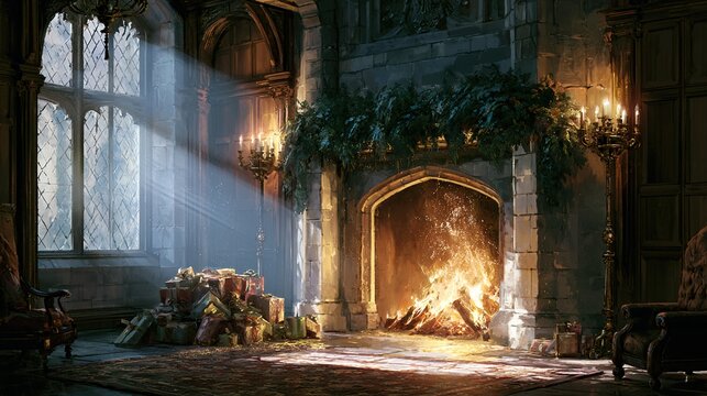 Luminous sunbeams flood cozy manor hall where roaring fireplace sends golden embers into air. detailed texture quality. professional photography