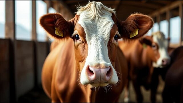 A pair of brown and white cows standing together
