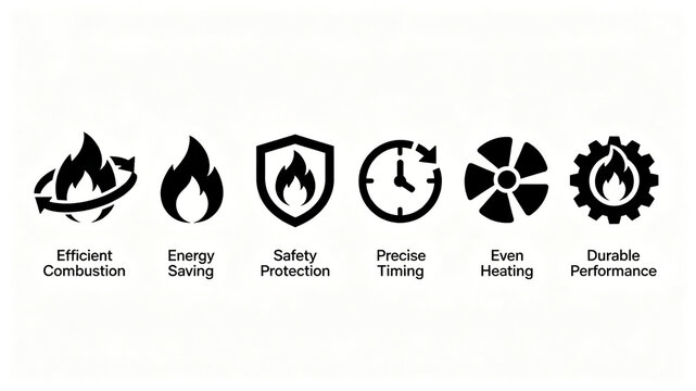 Flame element kitchen appliance vector icon, energy-saving combustion safety timed uniform heating, suitable for gas appliance brochures and e-commerce selling point displays.
