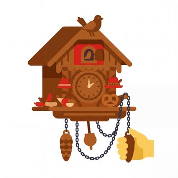 A hand pulling the chain of a traditional wooden German cuckoo clock illustration.