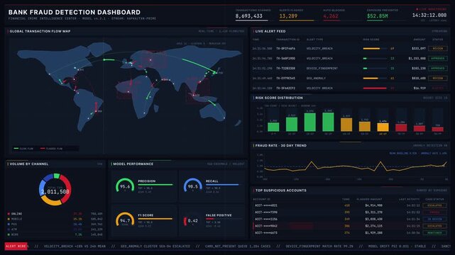 Explore a high-stakes bank fraud detection dashboard showcasing real-time global transactions, alerts, and risk metrics with a modern cybersecurity-finance design.