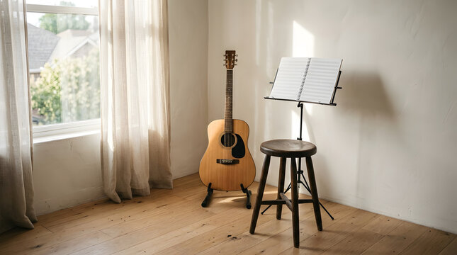 Acoustic guitar on stand with music sheet on stool in a sunlit room