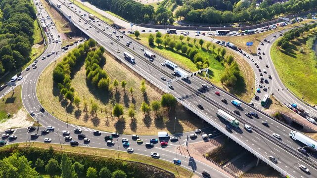 Traffic at a highway junction at Zwolle where the A28 highway runs through the city in Overijssel, The Netherlands.