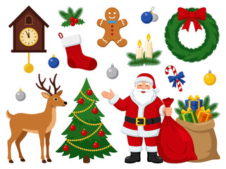 Naklejka premium Festive Christmas Vector Icon Set with Santa Claus, Reindeer, and Holiday Decorations