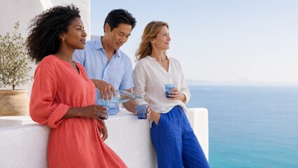 Group of diverse adults enjoying scenic view on Greek island balcony © dvoevnore