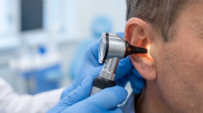 Doctor examining a patient's ear with an otoscope in a medical clinic.