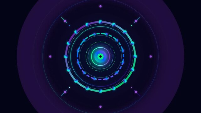 Abstract circular interface glowing with vibrant neon lights against a dark background for futuristic technology digital display designs.