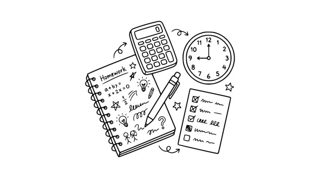 Doodle set of homework notebook, calculator, and study icons