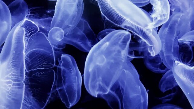 Group of translucent glowing moon jellyfish swimming together in deep blue ocean water. Close up shot of bioluminescent underwater marine life in aquarium tank background