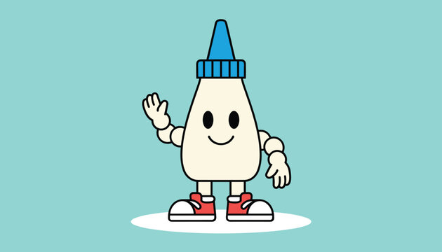 Adorable school glue bottle cartoon character with a blue cap waving happily isolated on a soft teal background.