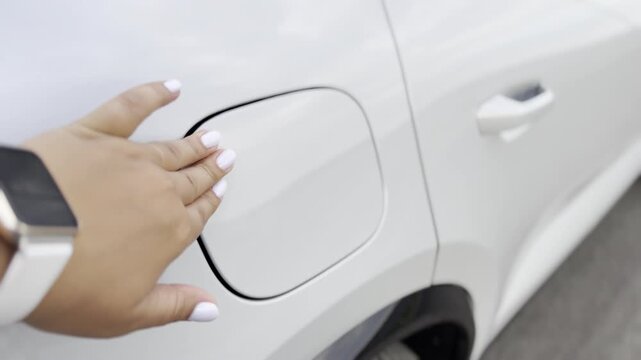 Close-up of an electric car charging port with a plug connected on a white vehicle, showing a hand near the socket during charging.