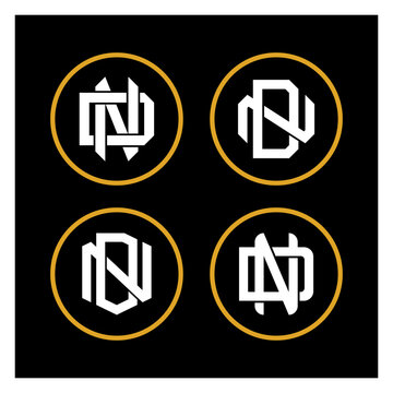 Set of interlocking N and D letter monogram logos with gold circles on dark background