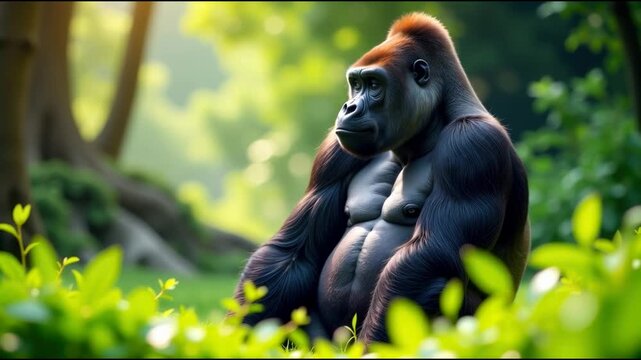 A gorilla standing in a dense green forest