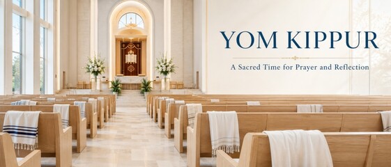 Yom kippur service in synagogue with pews and altar, suitable for religious background © dvoevnore
