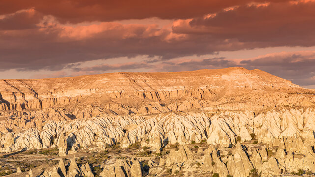 Aerial view of  Banner Beautiful landscape background  with sunset view in the region of capadocia in Turkey