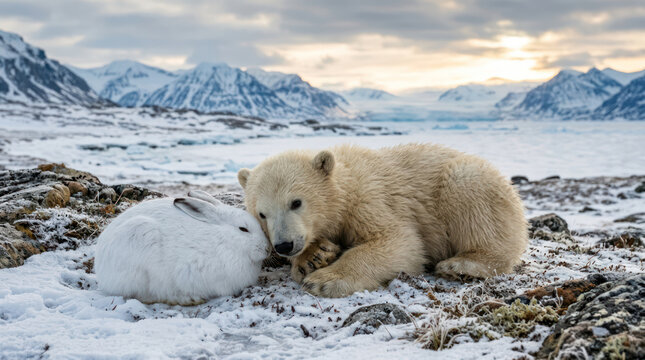 Polar bear cub and arctic hare in snowy landscape.