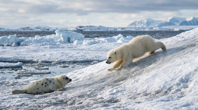 Polar bear cub and seal pup on icy terrain.