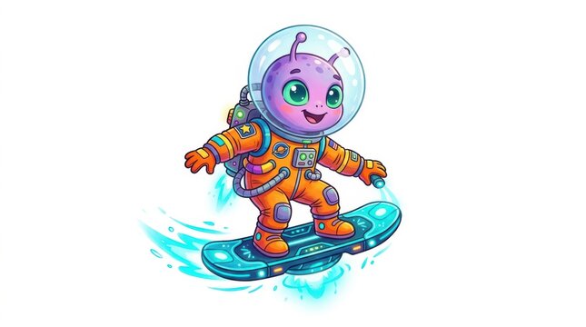 Cute cartoon alien astronaut riding a flying hoverboard
