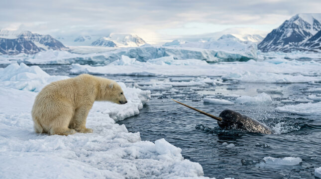 Polar bear observes narwhal in icy arctic waters.