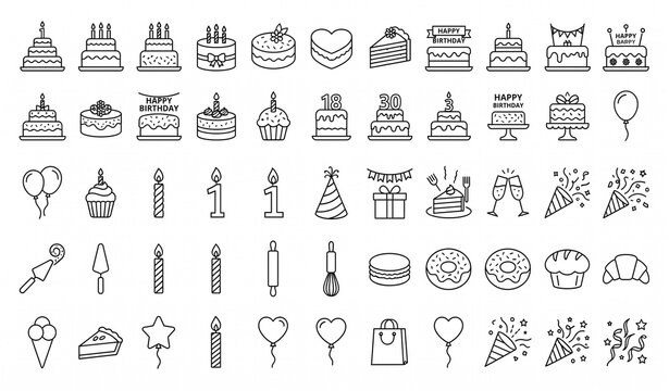 Birthday cake thin line icon collection editable stroke celebration dessert vector set