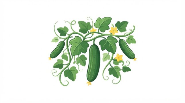 Fresh green cucumber vegetable plant with leaves and yellow flowers