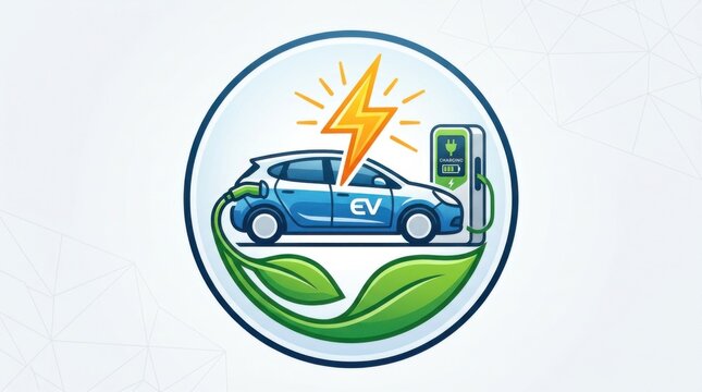 Blue electric car charging at a station with green leaves icon design