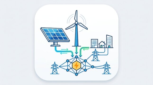 Renewable energy icons showing solar panels and wind turbine power grid