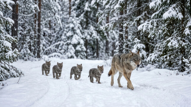 Wolf pack walking through a snowy forest during winter.
