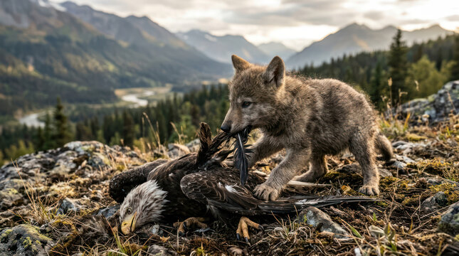 Wolf pup eating prey in a natural mountain landscape.