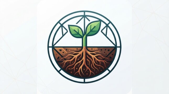Small green plant sprout with roots inside a circular frame logo icon