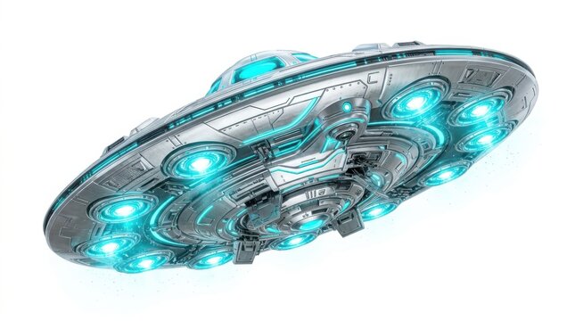Metallic ufo spacecraft with glowing blue lights
