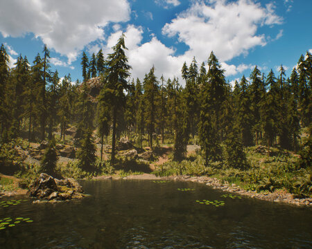 Mountain lake with fir trees on shore under blue sky with clouds. 3D rendered still image.