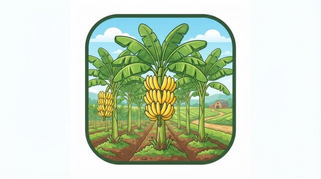 Cartoon banana tree plantation with yellow fruit in a sunny farm field