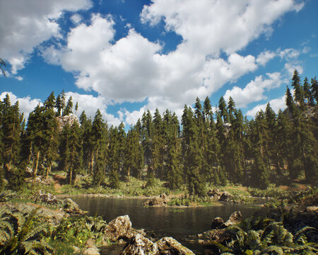 Mountain lake with fir trees on shore under blue sky with clouds. 3D rendered still image.