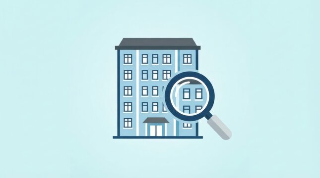 Blue apartment building icon with a magnifying glass inspection tool