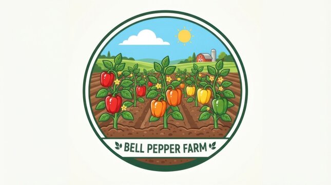 Colorful bell pepper farm logo design with plants in a sunny field